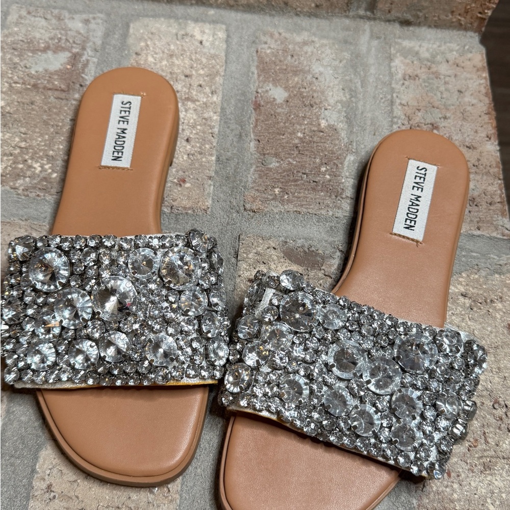 Steve Madden Tan and Silver Rhinestone Sandals